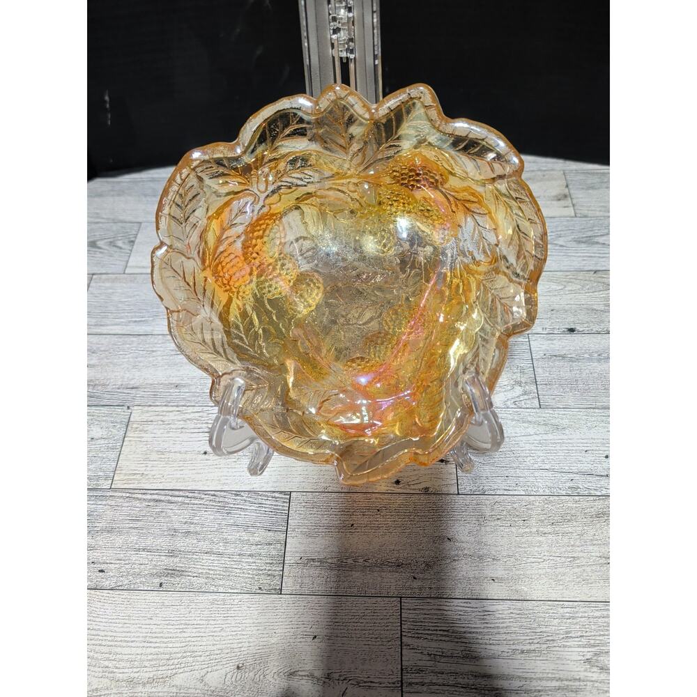 Indiana Glass Marigold Iridescent Carnival Glass Leaf And Berry Candy Dish